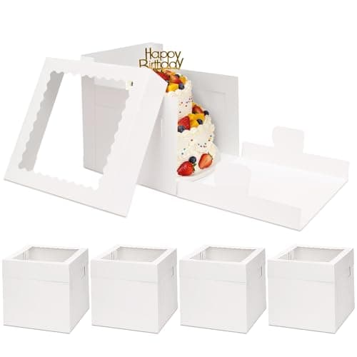 Moretoes 5 Pack Cake Boxes 8 Inch, Bakery Containers with Large Window, 8 Inch White Cake Carrier, Disposable Boxes for Halloween Birthday, Party, Cupcake Cookie Pie Pastry (8x8x8 Inches)