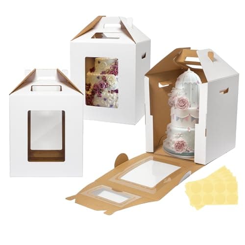 Wowxyz 3 Pack Tall Cake Boxes for Tier Cakes 10x10x12 Inch Disposable Layer Tall Cake Baking with Window Large Tierd Bakery Take Out Transport Containers with Handle for Wedding, Birthday, Party