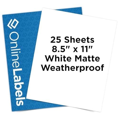 Waterproof Sticker Paper, 25 Sheets, White Matte Vinyl-Like, 8.5" x 11" Full Sheet Label, Works with Inkjet Printers Only, Compatible with Electronic Cutting Machines, OL177WJ, OnlineLabels