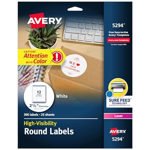 Avery Round Printable Labels, 2.5" Diameter, Matte White, Sure Feed Technology, Laser & Inkjet Compatible, 300 Blank Labels Total, Great for Branding, Packages, School Supplies, and More (5294)