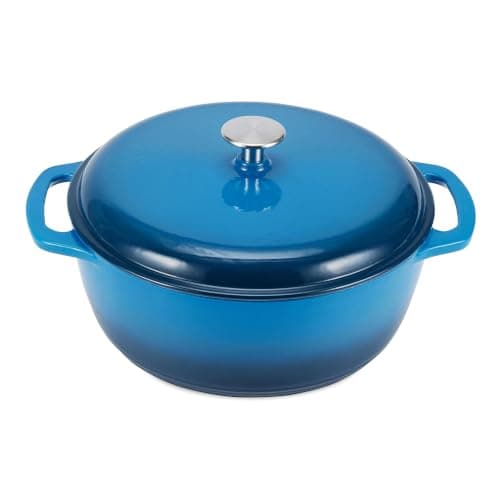 Amazon Basics Enameled Cast Iron Dutch Oven Pot with Lid, Round, Dual Handles, Heavy-Duty, Oven Safe for Baking, Roasting, Stews, 6-Quart, Blue